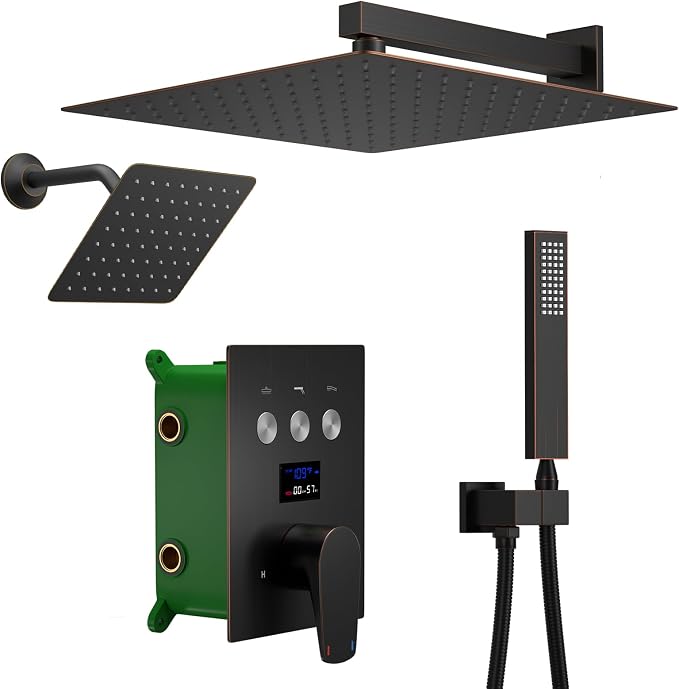 Oil Rubbed Bronze Shower System Digital Display Shower Faucet Set with Wall Mounted Full Body Shower Head(12 inch + 8 inch), Handheld Shower