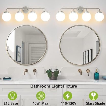 Bathroom Light Fixtures Over Mirror, Brushed Nickel Modern Vanity Lighting with Milk White Glass Globe Shades 4-Light Farmhouse Wall Sconce