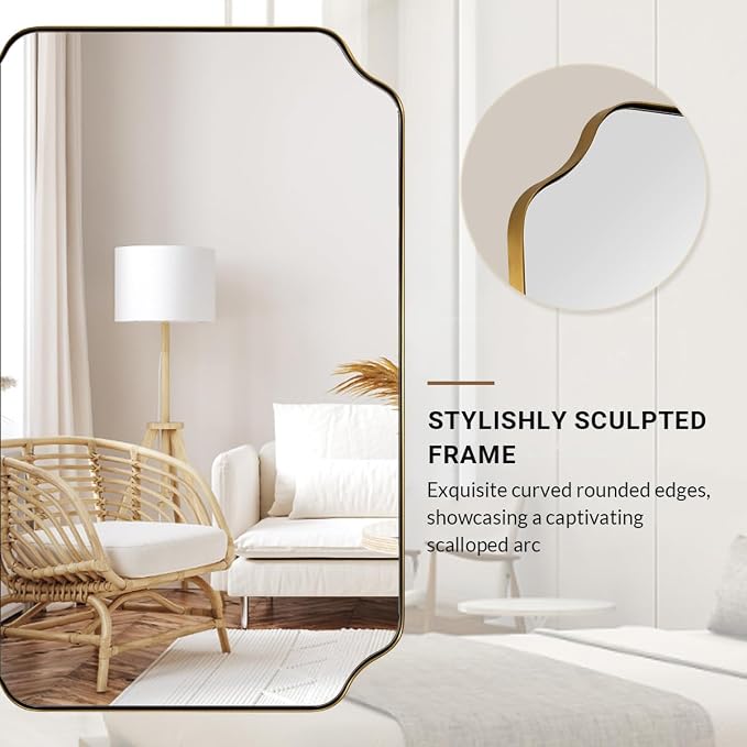 Brushed Gold Scalloped Bathroom Mirror, 26"x38" Rectangle Mirror | Rustproof Stainless Steel Frame, Anti-Corrosion HD Glass, Unique Notched Corners, Horizontal or Vertical, Ideal for Bathroom