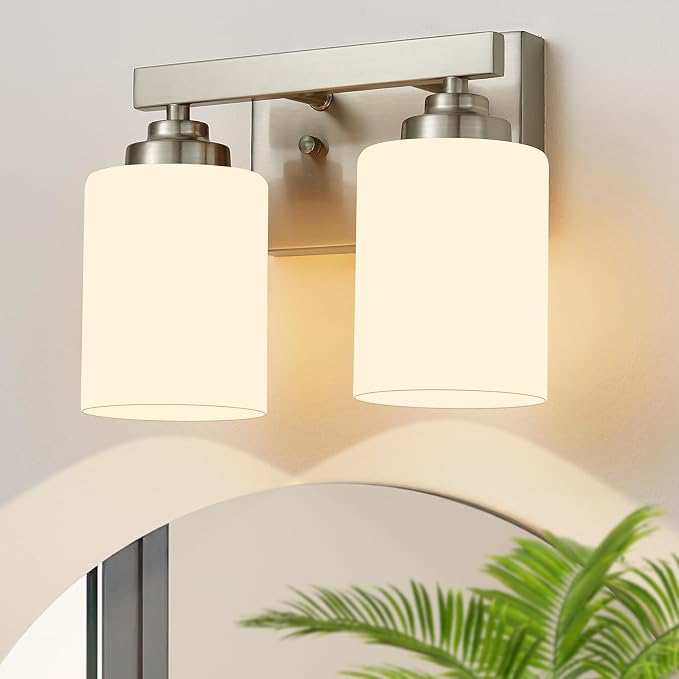 Bathroom Light Fixtures, Vanity Light Over Mirror Nickel 2-Light Fixture | Modern bathroom vanity light fixture with metal frame, ideal for mirrors, bedrooms and hallways. Fits E26 bulbs.