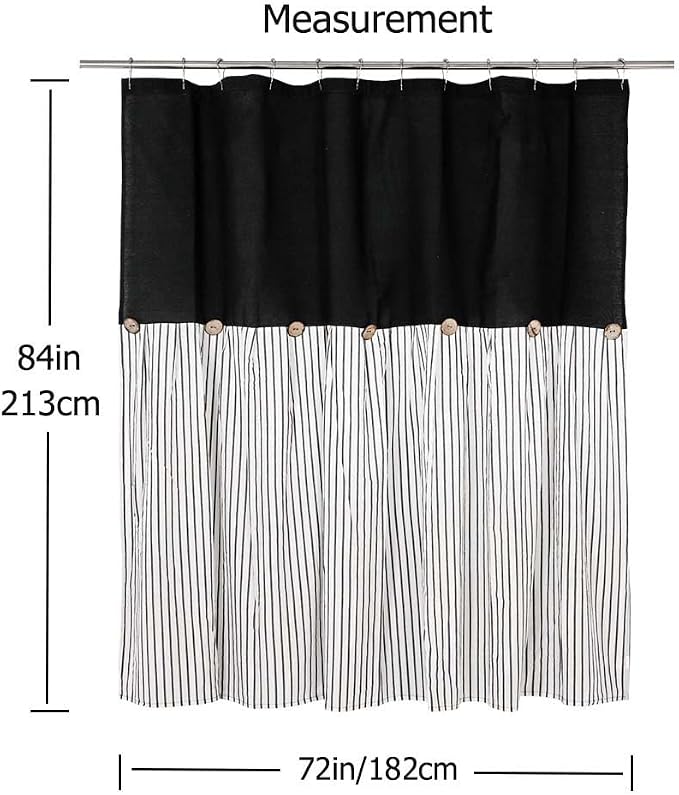 DOSLY Ides Farmhouse Black Shower Curtain, Beige and Black Stripe, Button Curtain, Linen and Cotton Woven Fabric, Rustic Charm Country Chic Style, 72x84in, for Bathroom