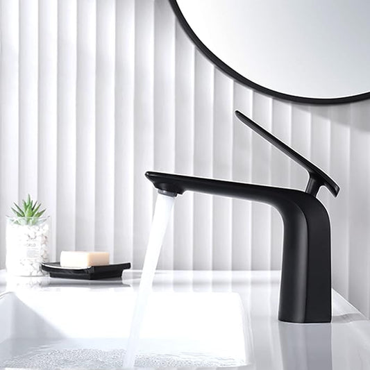 TOCALOCA Black Bathroom Sink Faucet, Matte Black, Modern Design, Single Handle, 1 Hole, Brass, Ceramic Disc Valve, Deck Mount, Aerated Non-Splashing Stream