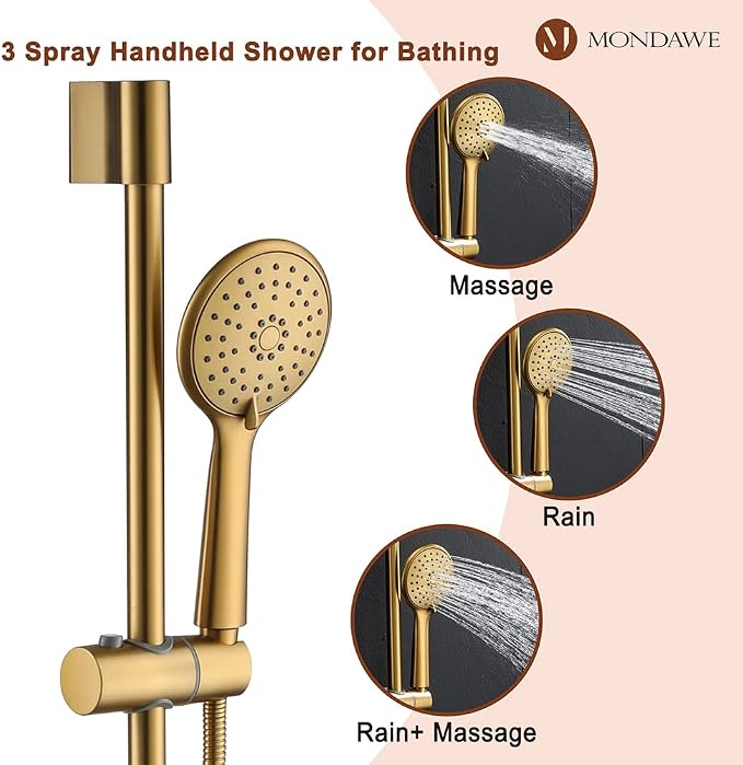 MONDAWE 9 Inch Wall Mounted Shower Faucet Set in Brushed Gold, Rainfall Shower Head with 3-Setting Handheld Spray Shower Set Combo, High Pressure Shower System with Solid Brass Valve