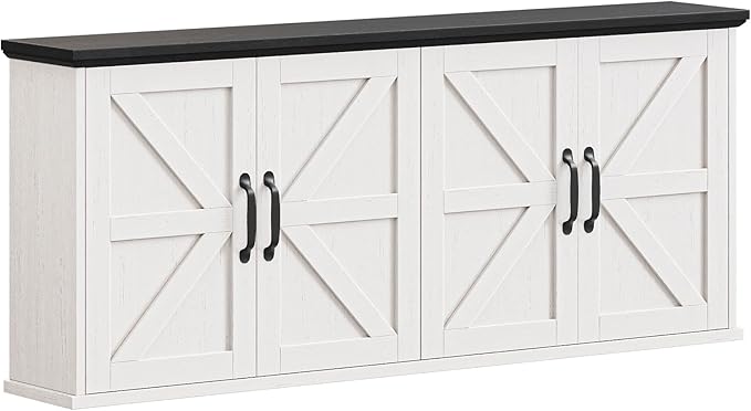 47" Laundry Room Cabinets and Storage with 4 Doors and Utility Adjustable Shelf, Large Wall Mounted Storage Cabinet, Upper Kitchen Cabinet for Laundry, Bathroom, and Kitchen, White and Black