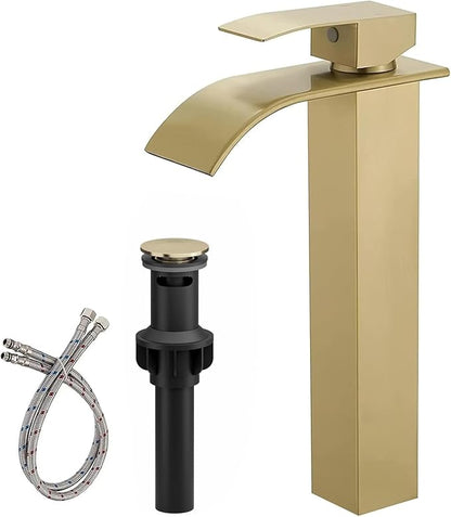 BWE Vessel Sink Faucet Modern Waterfall Brushed Gold Single Hole Bathroom Faucet Single Handle with Pop up Drain Without Overflow Assembly Vanity Basin Bath Sink Faucets Mixer Tap