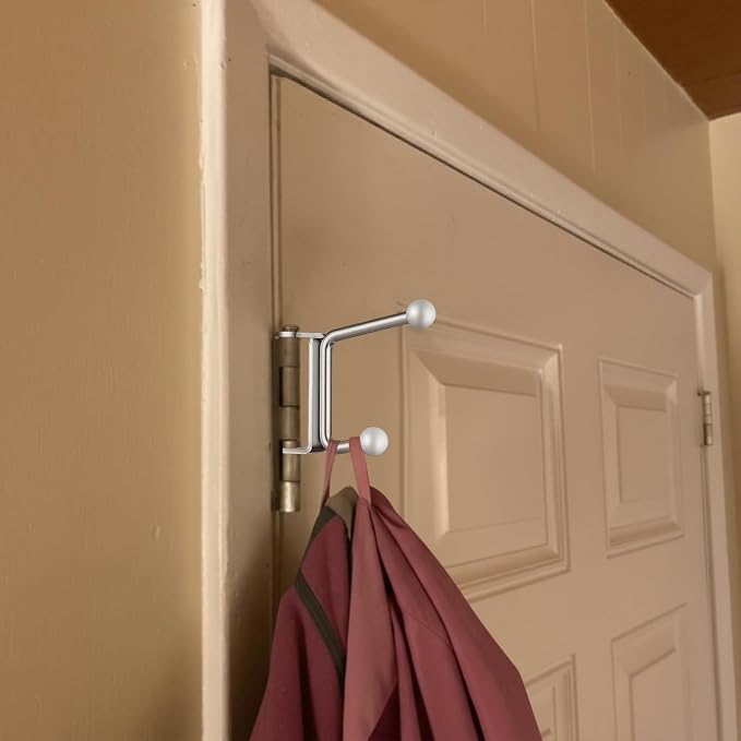 Novabright 2 Pack Door Hinge Hanger Hook Behind Door Towel Rack Double Hook Doors Towel Bar Holder Hinge Mounted for Compact Spaces, Small Bathrooms, and Bedroom (Silver)