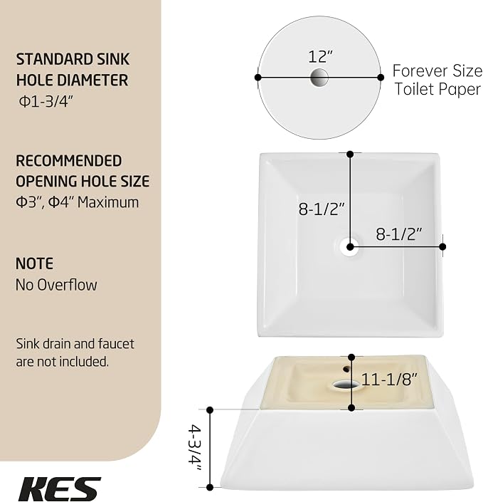 KES 17" Square Vessel Sink for Bathroom Vanity Countertop, Glossy White Ceramic Porcelain Bathroom Sink Bowl Above Counter, Modern Look, BVS141