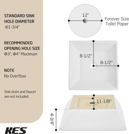 KES 17" Square Vessel Sink for Bathroom Vanity Countertop, Glossy White Ceramic Porcelain Bathroom Sink Bowl Above Counter, Modern Look, BVS141