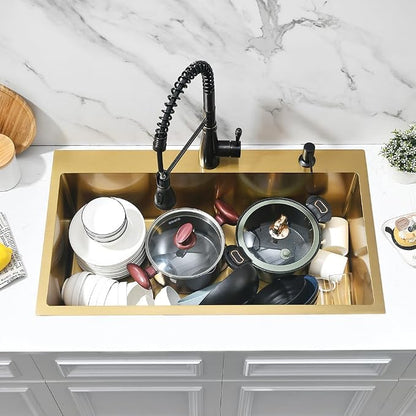 Gold Kitchen Sink, 33x19 Drop In Kitchen Sink Stainless Steel | Top Mount Kitchen Sink 16 Gauge Stainless Steel Deep Single Bowl Sink with Drain Assembly