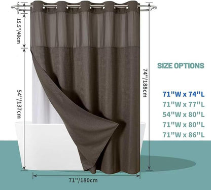 eachope No Hook Waffle Shower Curtain with Snap-in Liner, 71x74 Inch, Brown | 230 GSM waffle weave fabric, waterproof liner set with 2 bottom magnets, mesh top window, washable, for bathroom or hotel use