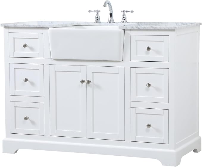 48" Pre-Assembled Bathroom Vanity with Sink, Solid Birch and MDF, Carrara White Marble Countertop Attached, Single Rectangle Porcelain Sink, 6 Soft-Close Drawers, White