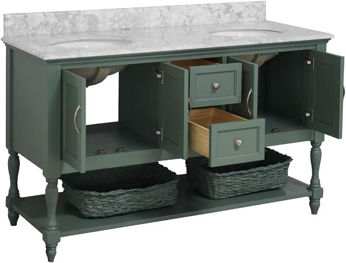 Beverly 60-inch Double Bathroom Vanity (Carrara/Sage Green): Includes Sage Green Cabinet with Authentic Italian Carrara Marble Countertop and White Ceramic Sinks