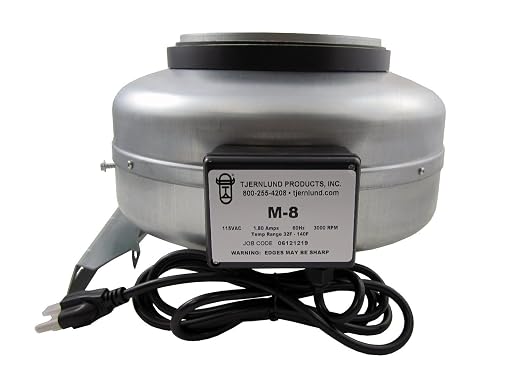M-8 In-Line Duct Booster 8" Metal | 8 in metal inline duct fan delivers 720 CFM for quiet bathroom, spa, grow room, radon and other high-moisture applications.