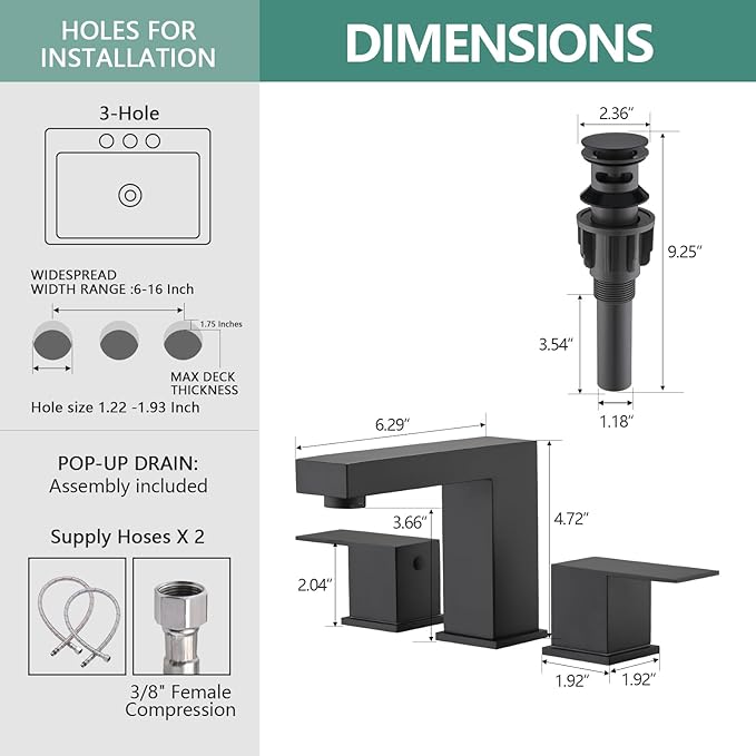 Bathroom Faucet 3 Hole, 8 Inch Widespread Bathroom Sink Faucets, 2 Handle Bathroom Faucets for Sink, Modern Rv Lavatory Vanity Faucet with Pop Up Drain and Supply Hoses, Matte Black