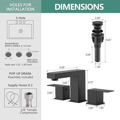 Bathroom Faucet 3 Hole, 8 Inch Widespread Bathroom Sink Faucets, 2 Handle Bathroom Faucets for Sink, Modern Rv Lavatory Vanity Faucet with Pop Up Drain and Supply Hoses, Matte Black