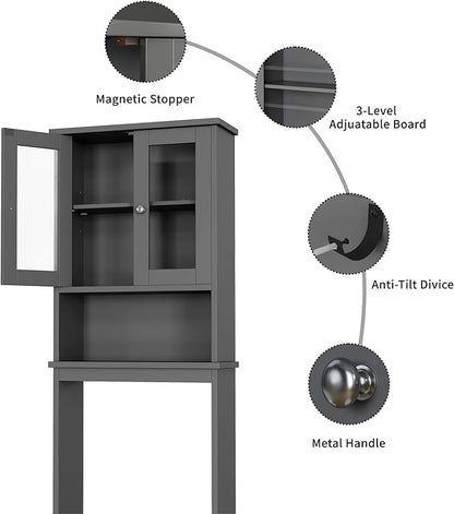 Shintenchi Over The Toilet Storage Cabinet, Bathroom Shelf Organizer with Anti-Tip Device Small Freestanding Space Saver with Adjustable Shelf and Glass Door, Gray