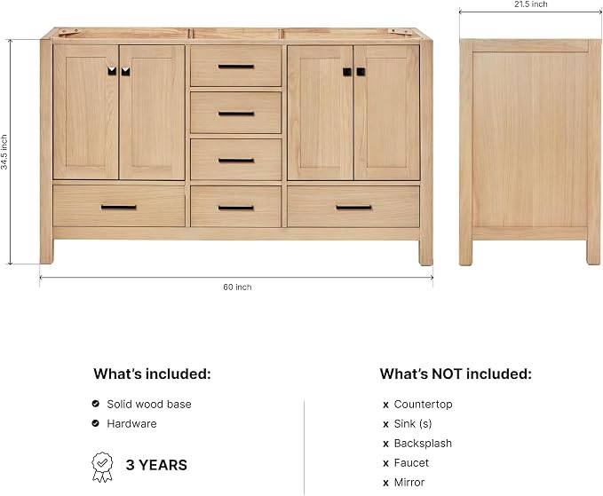 ARIEL Cambridge 60-inch Bathroom Vanity Base Cabinet,Solid Wood, 4 Soft Closing Doors, 6 Dovetail Drawers, White Oak