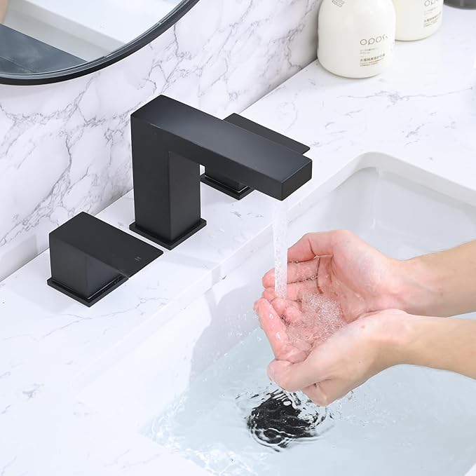 Bathroom Faucet 3 Hole, 8 Inch Widespread Bathroom Sink Faucets, 2 Handle Bathroom Faucets for Sink, Modern Rv Lavatory Vanity Faucet with Pop Up Drain and Supply Hoses, Matte Black