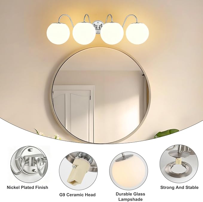 4 Lights Vintage Bathroom Vanity Light Fixtures Over Mirror, Brushed Nickel Vanity Lights For Bathroom With Milk White Glass Globe Shade, Wall Lights For Bedroom, Hallway, Dressing Table(G9 Incl.)