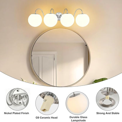 4 Lights Vintage Bathroom Vanity Light Fixtures Over Mirror, Brushed Nickel Vanity Lights For Bathroom With Milk White Glass Globe Shade, Wall Lights For Bedroom, Hallway, Dressing Table(G9 Incl.)