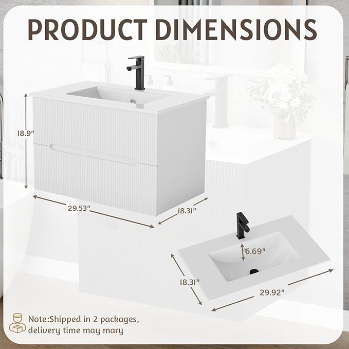 EROMMY 30 Inch Bathroom Vanity with Sink, Floating Bathroom Vanity with Ceramic Basin, Wall Mounted Fluted Bathroom Sink Cabinet Set with 2 Soft-Close Drawers, Faucet & Pop Up Drain, White