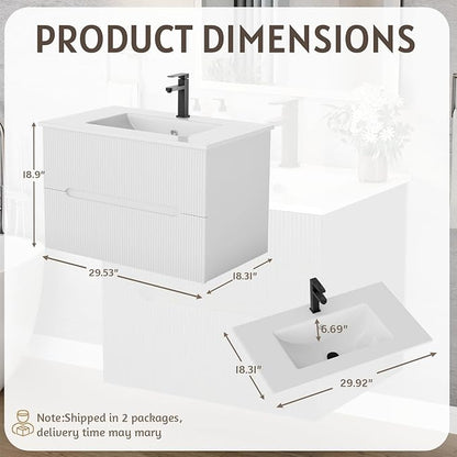 EROMMY 30 Inch Bathroom Vanity with Sink, Floating Bathroom Vanity with Ceramic Basin, Wall Mounted Fluted Bathroom Sink Cabinet Set with 2 Soft-Close Drawers, Faucet & Pop Up Drain, White