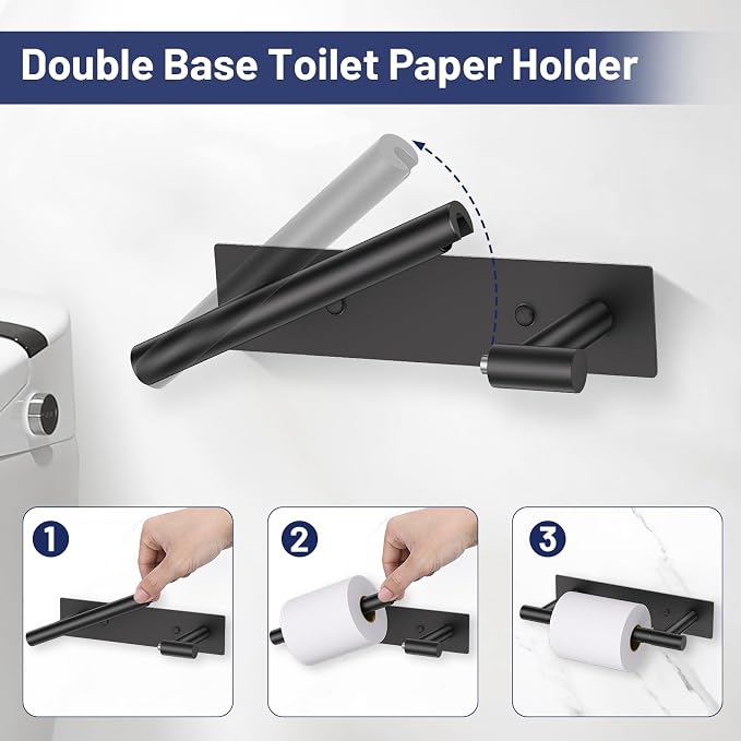 Lairuier Matte Black Bathroom Hardware Set, Adhesive or Screw Wall Mounted | Bathroom Accessories Set, Adhesive or Screw Wall Mount Toilet Paper Holder and Hand Towel Bar Holder, No Drill 2 Towel Hooks