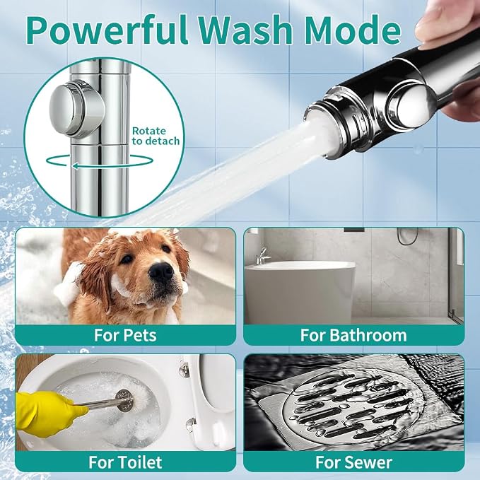 Handheld Shower Head with 79" Extra Long Hose 7 Modes, Chrome | High Pressure Shower Head with On/Off Switch Button, Powerful Wash Modes, for Baby and Pets Bath