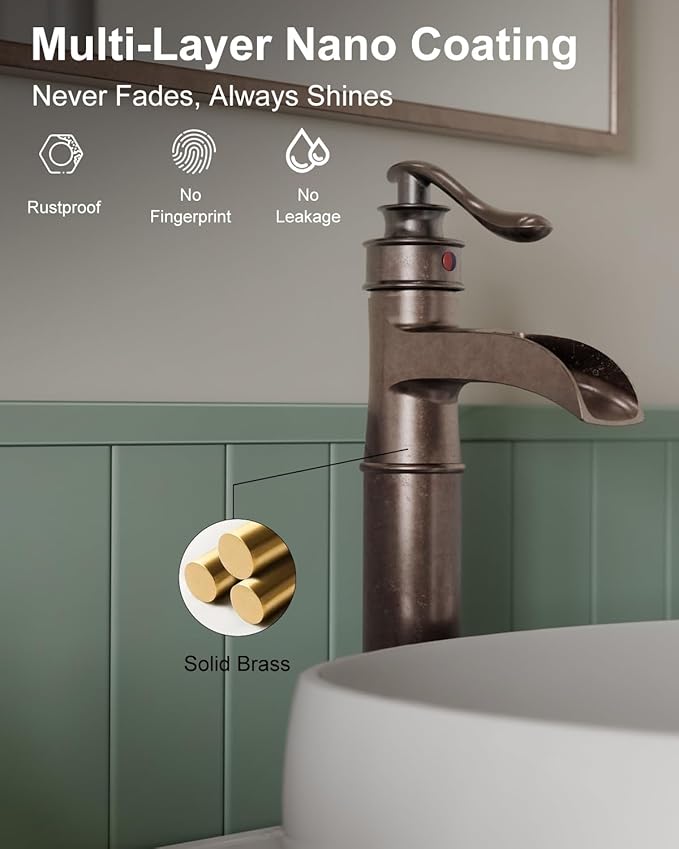 BWE Vessel Sink Faucet Waterfall Antique Copper Single Hole with Pop Up Drain Stopper Without Overflow and Supply Lines One Handle Vanity Basin Bath Sink Mixer Tap