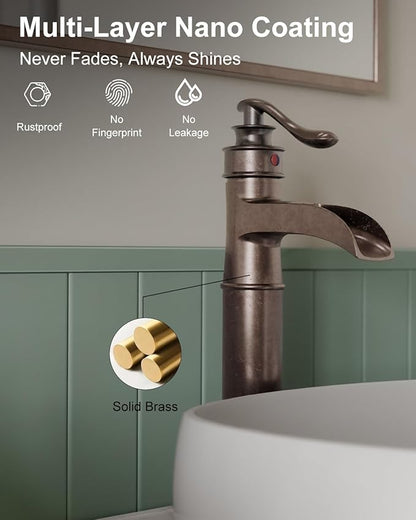 BWE Vessel Sink Faucet Waterfall Antique Copper Single Hole with Pop Up Drain Stopper Without Overflow and Supply Lines One Handle Vanity Basin Bath Sink Mixer Tap