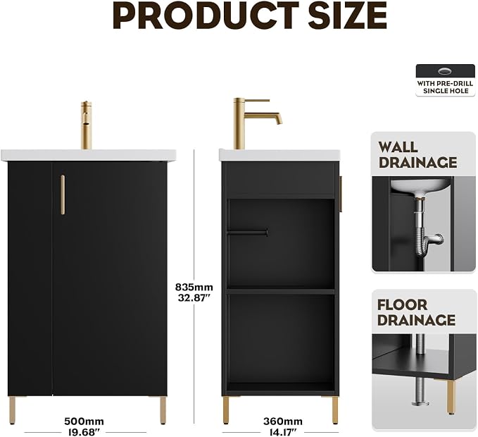 20 Inch Black Freestanding Bathroom Vanity, Pre-Assembled Bathroom Cabinet with Ceramic Sink, Soft-Close Door, Left Side Storage, Fit for Small Bathrooms, No Faucet, BV05-20-PUREBLACK-PLUS