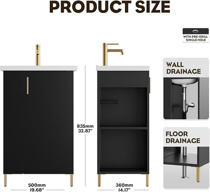20 Inch Black Freestanding Bathroom Vanity, Pre-Assembled Bathroom Cabinet with Ceramic Sink, Soft-Close Door, Left Side Storage, Fit for Small Bathrooms, No Faucet, BV05-20-PUREBLACK-PLUS