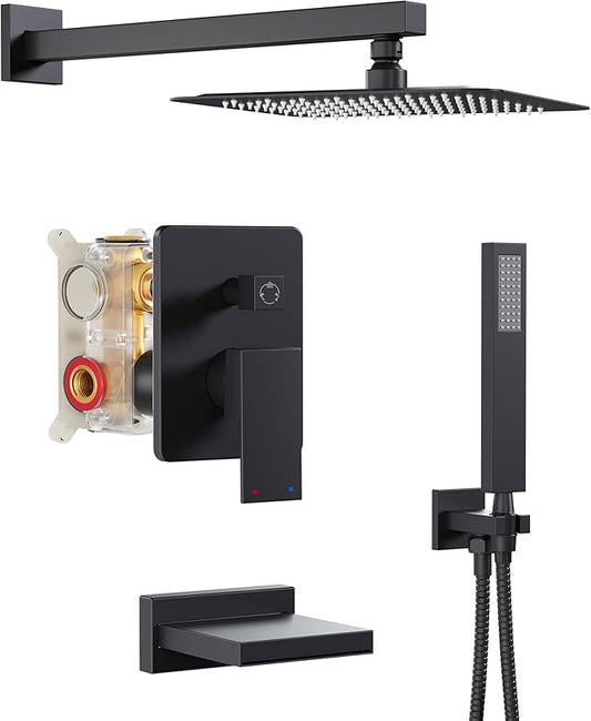 Black Tub Shower System, All Metal Tub Shower Faucet Set with 12" Rain Shower Head and Handheld Spray combo, Wall Mounted Shower Systems with Tub Spout, Valve and Trim Kit, Matte Black