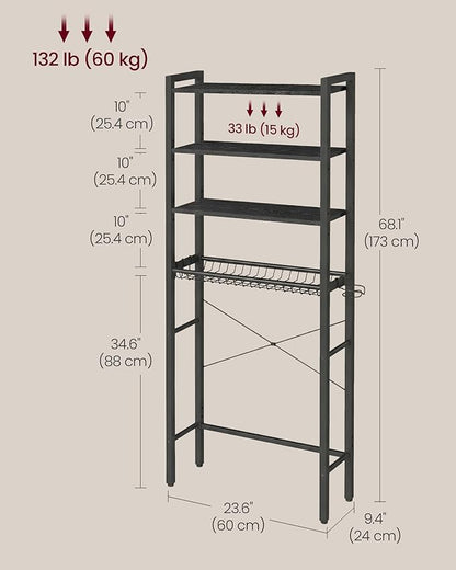 VASAGLE Over the Toilet Storage, Over Toilet Bathroom Organizer with Adjustable Shelves and Basket, 3 Hooks, Space Saving, 9.4 x 23.6 x 68.1 Inches, Ebony Black UBTS114BE01S