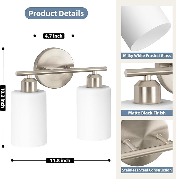 Brushed Nickel Bathroom Light Fixtures, 2-Light Modern Vanity Light Over Mirror, Wall Sconces with Milky White Frosted Glass Shades for Hallway, E26