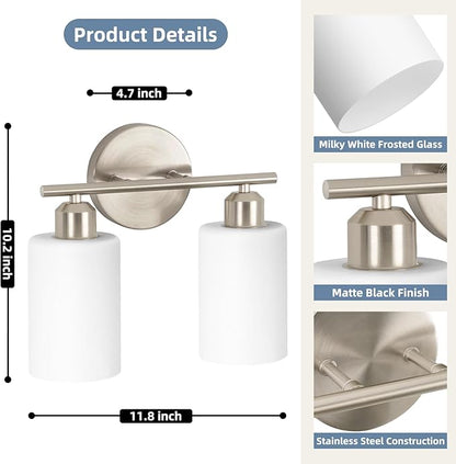 Brushed Nickel Bathroom Light Fixtures, 2-Light Modern Vanity Light Over Mirror, Wall Sconces with Milky White Frosted Glass Shades for Hallway, E26