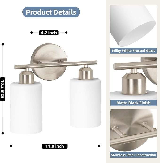 Brushed Nickel Bathroom Light Fixtures, 2-Light Modern Vanity Light Over Mirror, Wall Sconces with Milky White Frosted Glass Shades for Hallway, E26