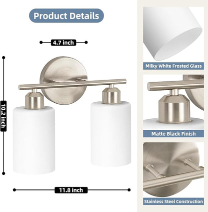Brushed Nickel Bathroom Light Fixtures, 2-Light Modern Vanity Light Over Mirror, Wall Sconces with Milky White Frosted Glass Shades for Hallway, E26
