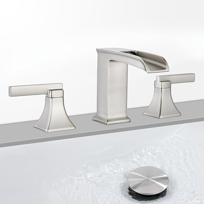 Brushed Nickel Waterfall Bathroom Faucet, Sanliv 3-Piece Wide Spread Bathroom Faucets for 3-Hole Sinks 4-8 inch, 2-Handle Vanity Faucet with Drain Assembly, Brushed Nickel