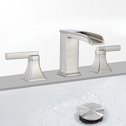 Brushed Nickel Waterfall Bathroom Faucet, Sanliv 3-Piece Wide Spread Bathroom Faucets for 3-Hole Sinks 4-8 inch, 2-Handle Vanity Faucet with Drain Assembly, Brushed Nickel