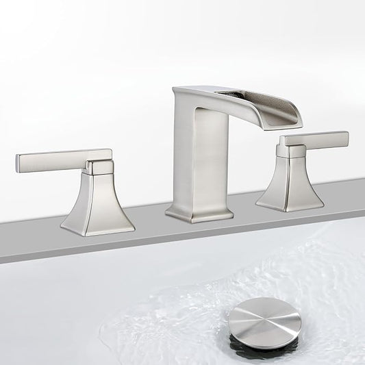 Brushed Nickel Waterfall Bathroom Faucet, Sanliv 3-Piece Wide Spread Bathroom Faucets for 3-Hole Sinks 4-8 inch, 2-Handle Vanity Faucet with Drain Assembly, Brushed Nickel