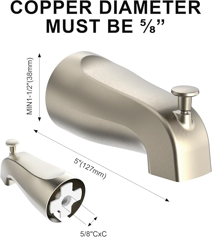 Bathtub Tub Spout with Diverter 5 Inch – Universal Front Diverter Tub Faucet Replacement, Metal Brushed Nickel Finish, 1/2 Inch Copper Pipe Connection, Bath Spout for Shower and Bathtub
