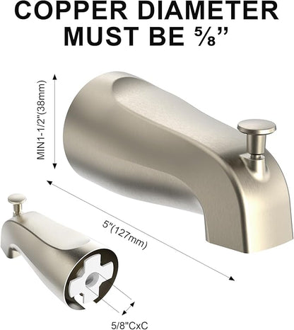 Bathtub Tub Spout with Diverter 5 Inch – Universal Front Diverter Tub Faucet Replacement, Metal Brushed Nickel Finish, 1/2 Inch Copper Pipe Connection, Bath Spout for Shower and Bathtub
