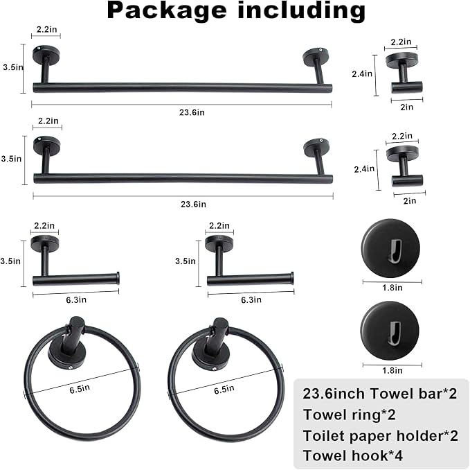 8 Pieces Bathroom Towel Rack Set, Includes 2PCS 23.6 inch Towel bar, 2PCS Towel Hook, 2 PCS Towel Ring, 2PCS Toilet Paper Holder-Matte Black Bathroom Accessories Sets