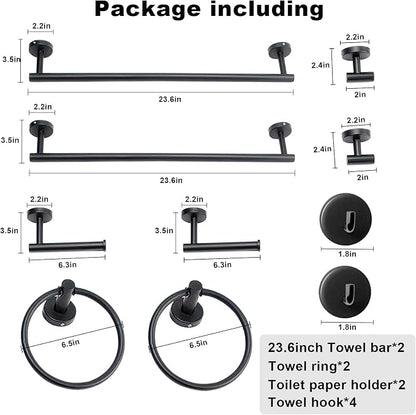 8 Pieces Bathroom Towel Rack Set, Includes 2PCS 23.6 inch Towel bar, 2PCS Towel Hook, 2 PCS Towel Ring, 2PCS Toilet Paper Holder-Matte Black Bathroom Accessories Sets