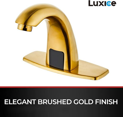Luxice Brushed Gold Touchless Bathroom Sink Faucet - Automatic Motion Sensor Battery Opertated with Temperature Mixing Valve for Commercial Lavatory