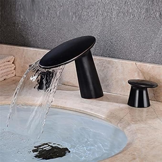 Basin Faucet Brushed Gold Bathroom Sink 3 Hole Widespread Rose Mixer Hot and Cold Waterfall Tap New-Gold(Black Oil Brushed)