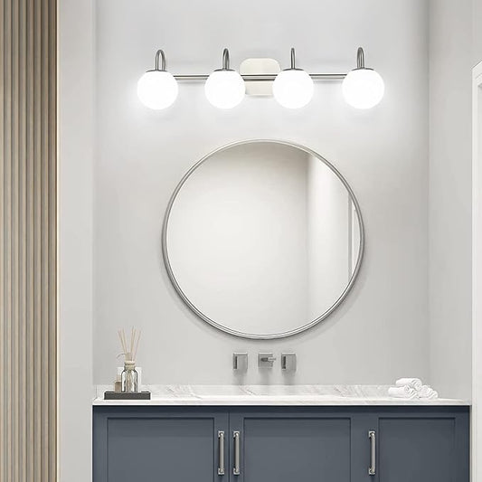 Mid Century Modern Brushed Nickel Bathroom Vanity Light Fixtures 4 Lights Milky Glass Wall Lighting Bath Vanity Lights Over Mirror (Exclude G9 Bulb)
