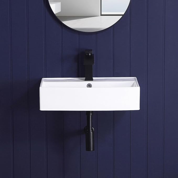 Wall Mount Bathroom Sink 22"x12" Small Vessel Sink Wall Mounted Rectangular Wall Hung Mini White Porcelain Ceramic Floating Tiny Sink with Overflow, Durable, Space-Saving, Ideal for Home,RV