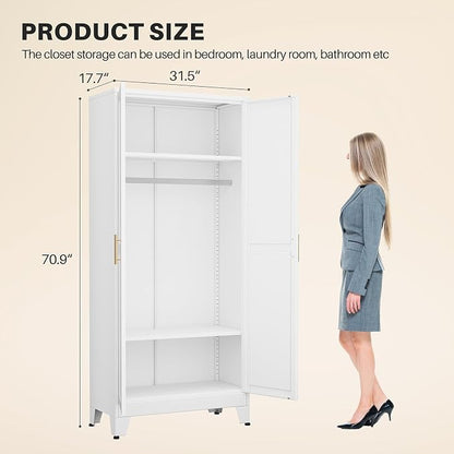 winiowa Metal Armoire Wardrobe Closet with 2 Doors, 71"' Wardrobe Cabinet with Adjustable Shelves and Hanging Rod, Clothing Storage Cabinet Closet for Bedroom-White
